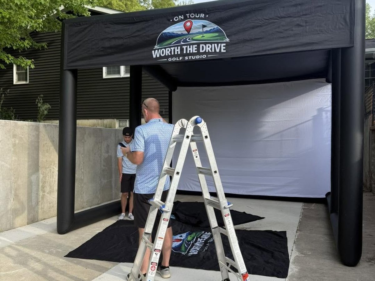 The mobile simulator set up on a driveway for a private booking