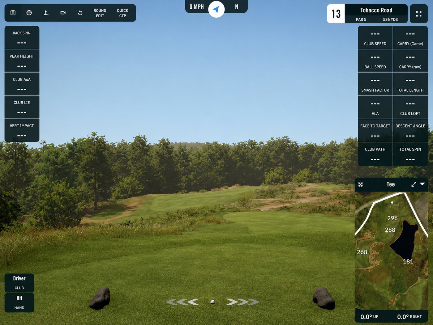 A GSPro course view of a par 4 tee shot, with the shot data panels shown either side