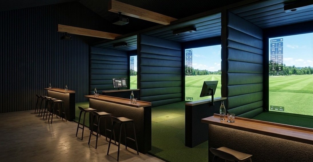 Hitting bays and lounge seating in the Worth the Drive golf studio, Wawaka, Indiana