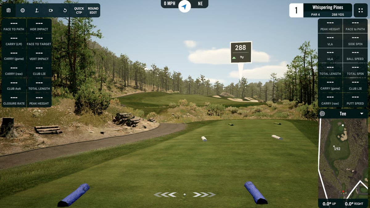 A GSPro on-course view of a par 4 with live shot data panels on both sides