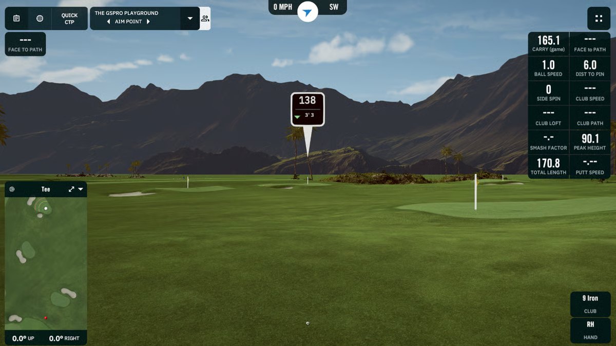 A GSPro driving range view showing carry, ball speed, peak height and total length