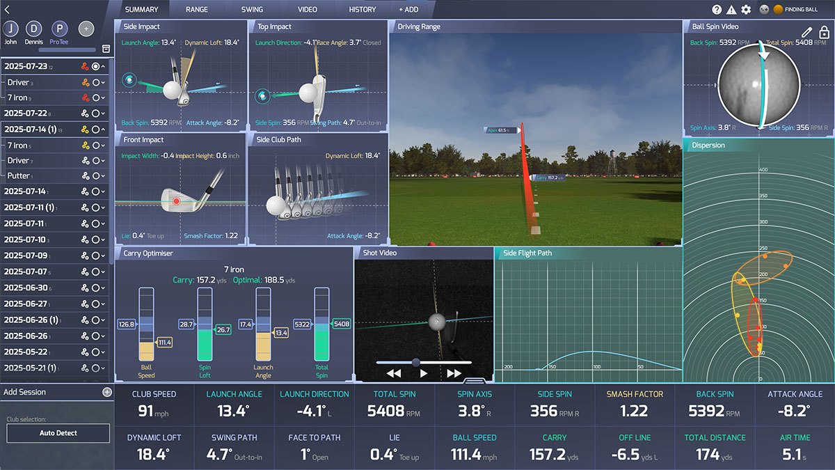 The ProTee Labs session view showing club speed, launch angle, spin axis, smash factor and carry for a single shot