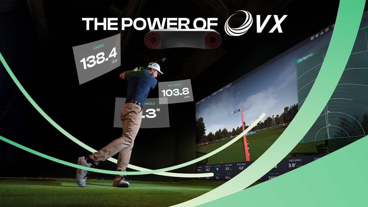 A golfer mid-swing under the ceiling-mounted ProTee VX, with carry, ball speed and launch angle shown beside the shot