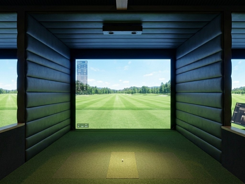 Looking down a hitting bay at the simulator screen, with the ceiling-mounted launch monitor above the mat